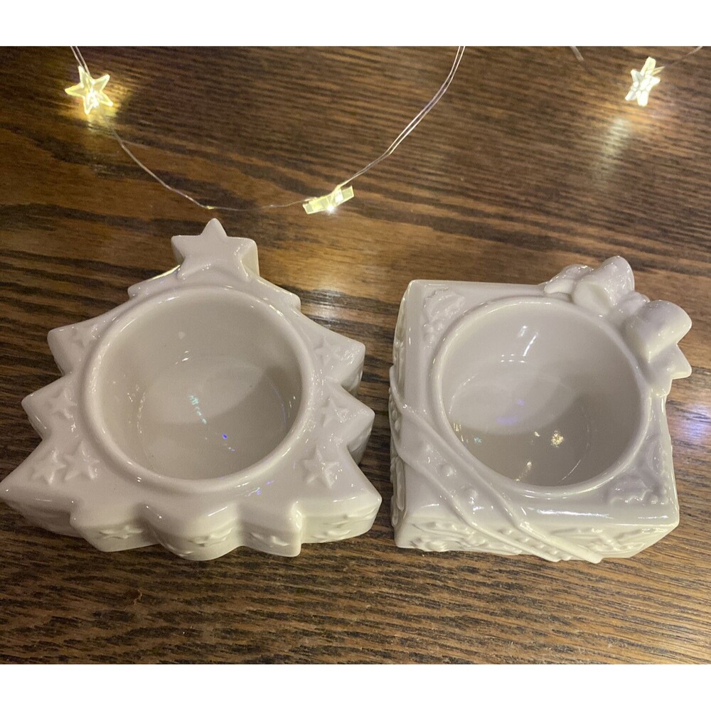 Lenox Yuletide Glowlites Tea Light Candle Holder White Porcelain Set 2 Christmas